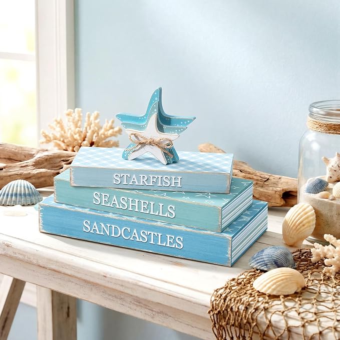 Amyhill 4 Pcs Beach Table Decor, Wooden Coastal Decorative Books - Image 5
