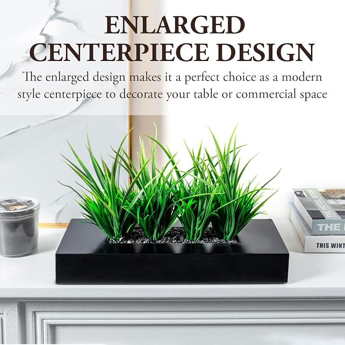 MyGift Large Artificial Green Grass Plants Potted in 14-Inch Matte Black Wood - Image 3