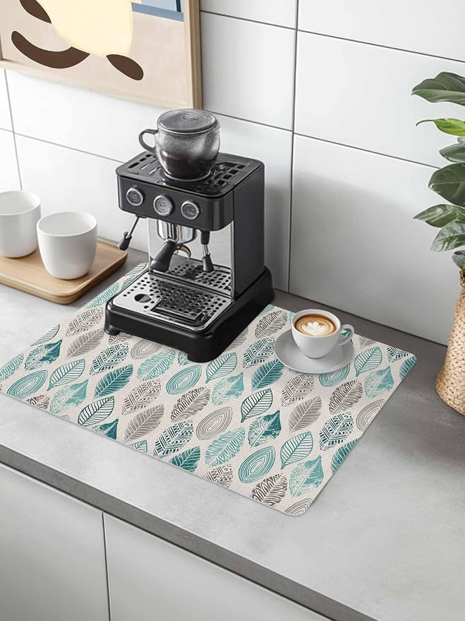 Leaves Specimens Coffee Mat Teal Green Grey Burlap Background Absorbent Bar Mat - Image 2