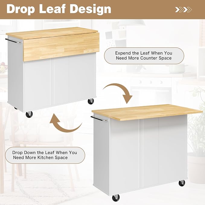 Shintenchi Kitchen Island with Folding Drop Leaf, Rolling Island Table with - Image 4