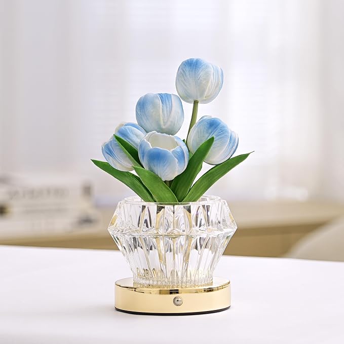 Blue Tulip Flower Lamp Diamond Vase, 3 Color Night Light Dimmable Touch Control - Image 2