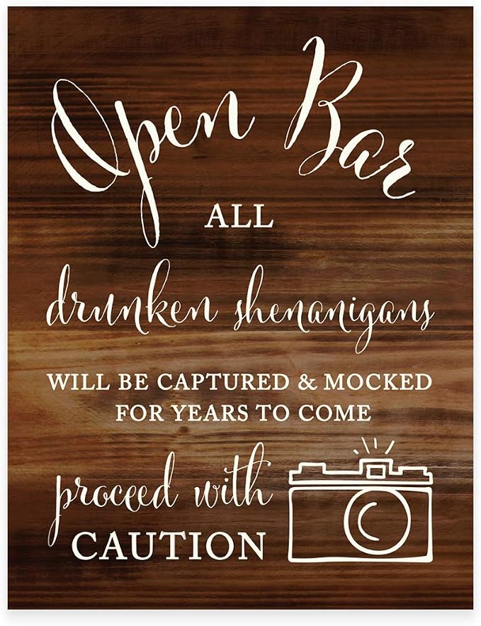 Andaz Press Wedding Party Signs, Rustic Wood Print, 8.5x11-inch, Open Bar All by AndazPress