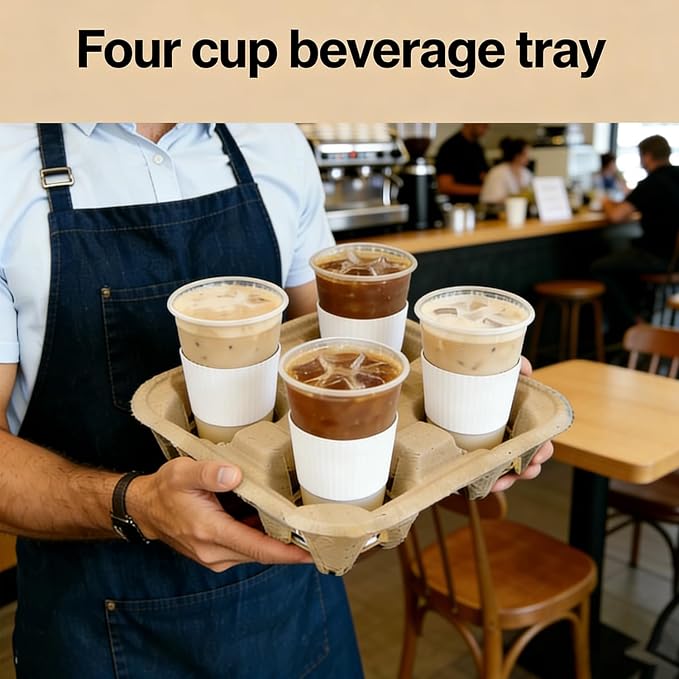 4 Cup Disposable Drink Carrier Trays, 50 Pack Wheat Straw & Sugarcane Pulp - Image 3