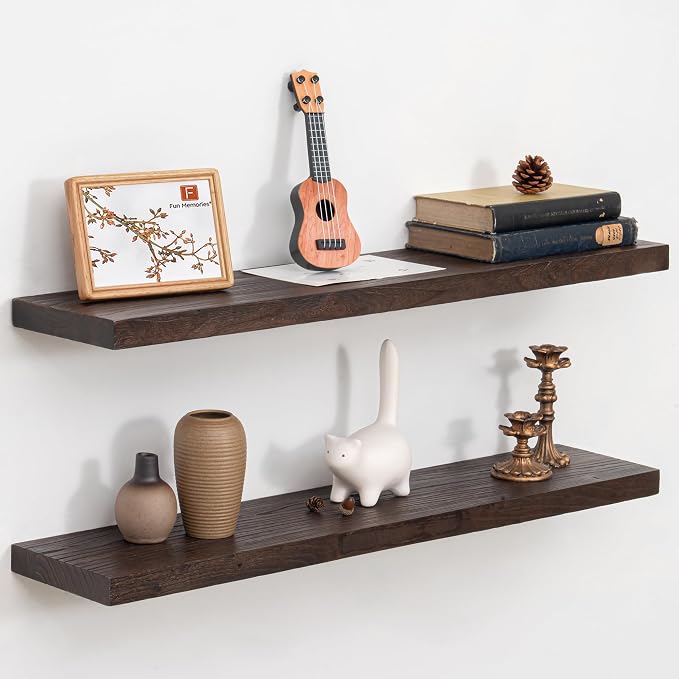 Fun Memories Floating Shelves for Wall Set of 2, Rustic Solid Elm Wood Wall by FunMemories