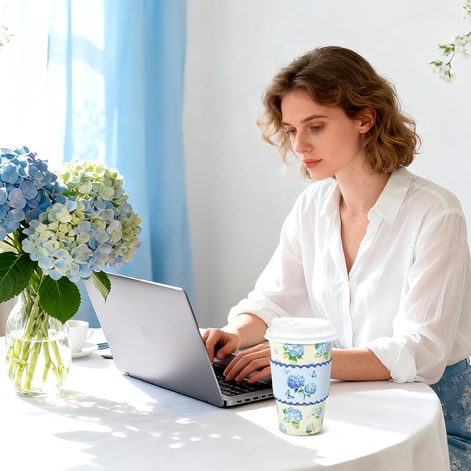 Whaline 50 Pcs 16 Oz Hydrangea Flower Paper Coffee Cups - Image 5