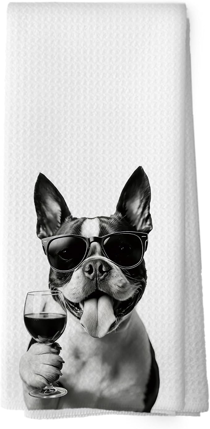Funny Boston Terrier Wine Bar Kitchen Dish Towels, Boston Terrier Gifts by XPH