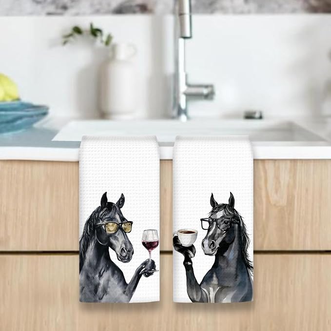 Horse Gifts Coffee Wine Kitchen Towels Set of 2, Coffee Animal Dish Tea Towel - Image 6