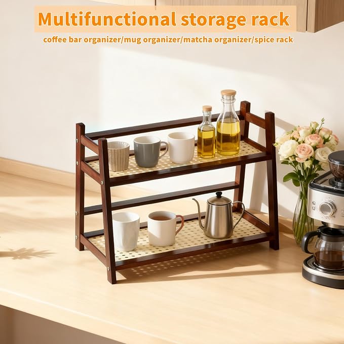 Bamboo Cup Shelf Organizer, 2-Tier Mug Holder Countertop, Matcha Stand Tea - Image 5