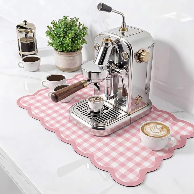 Scalloped Gingham Coffee Mat 12" x 20" Absorbent Coffee Bar Mat Brown Gingham by Ferrochef