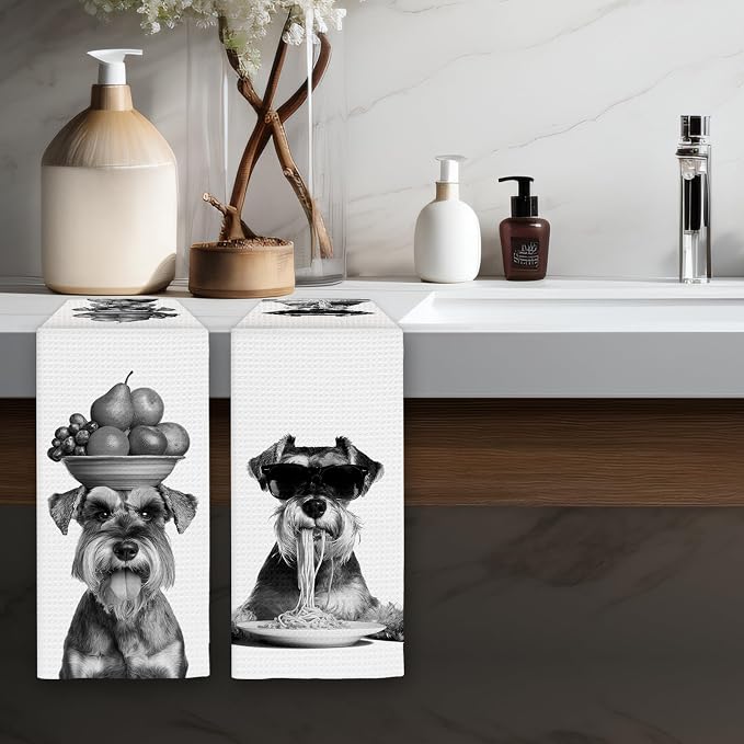 Schnauzer Gifts Funny Dog Kitchen Towels Set of 2, Dog Eating Pasta - Image 5