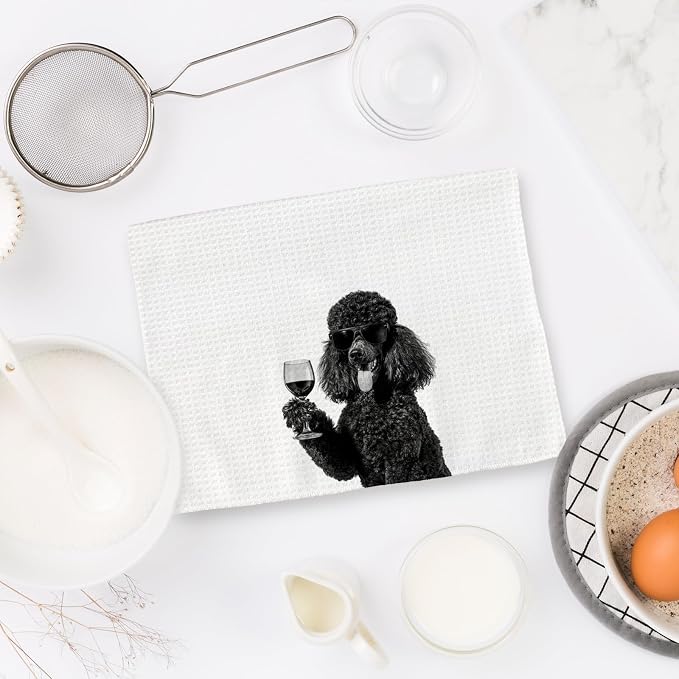 Black Poodle Gifts Wine Kitchen Towels Set of 2, Funny Black Poodle Dog Eating - Image 6