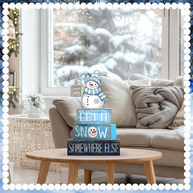 Lineshading 4 Pcs Snowman Christmas Table Decorations Blue and White Wooden - Image 6