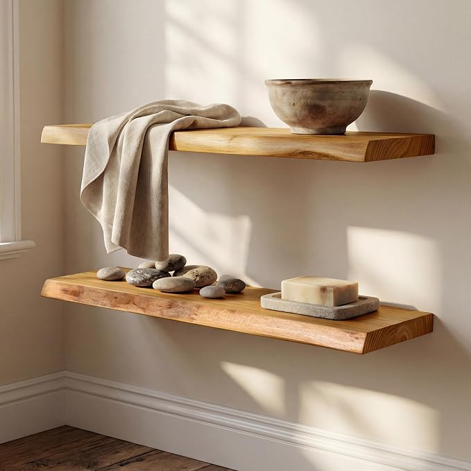 36" Live Edge Floating Shelves, 1.4" Extra Thick Solid Elm Wood Wall Shelf - Image 2