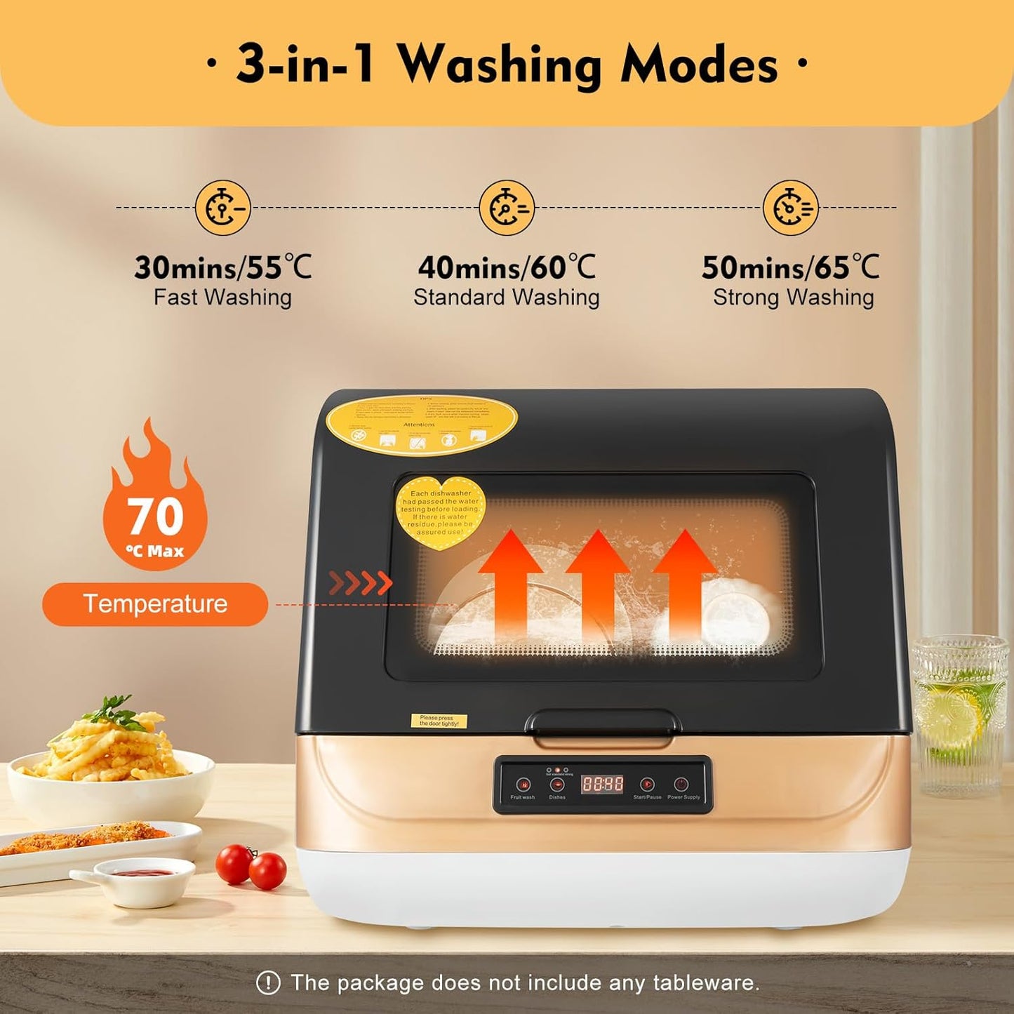 Compact Portable Dishwasher Countertop with Filter and Hybrid Drying Function, 360° Streak-Free Deep Cleaning, 3 Washing Programs, Mini Dishwasher for Apartments& RVs