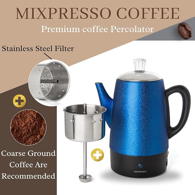 Mixpresso 10 Cup Percolator Coffee Pot Electric, Stainless Steel Coffee - Image 3