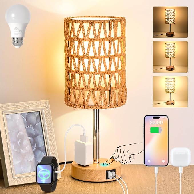 Rattan Table Lamps for Living Room, 3 Way Dimmable Touch Lamps, Small Bedside by Unknown