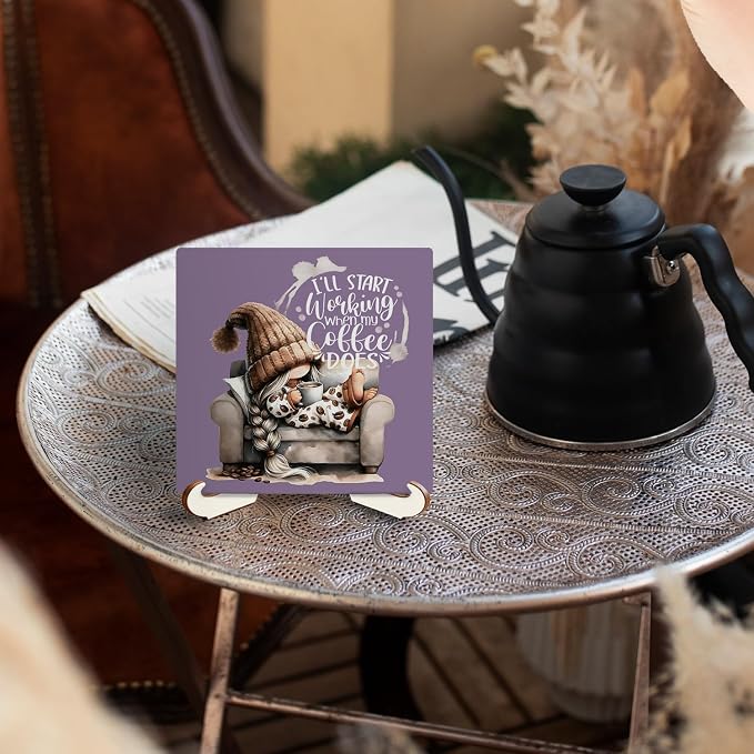 Funny Gnome Coffee Bar Wooden Desk Decor Sign 5x5 Inch, I'll Start Working When - Image 4
