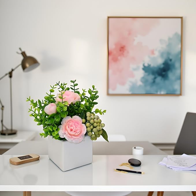 Pink Artificial Rose Eucalyptus Berry Faux Floral Table Home Bathroom Decor | - Image 5
