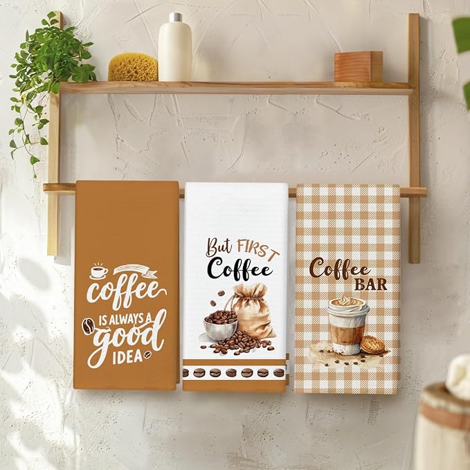 WwongxianB Funny Coffee Kitchen Towels Decorative Set of 3, Farmhouse Brown Tea - Image 3