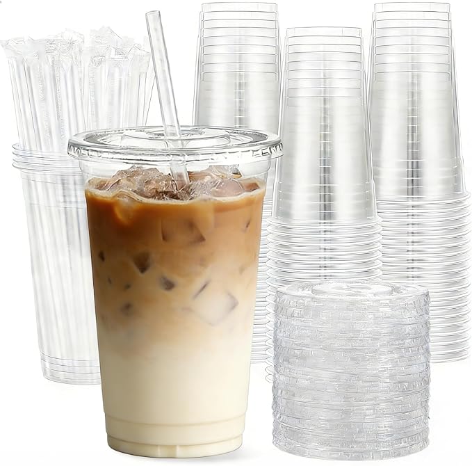 20oz Clear Plastic Cups with Lids and Straws, Disposable Iced Coffee Cups by NewCupNewLife-cundao
