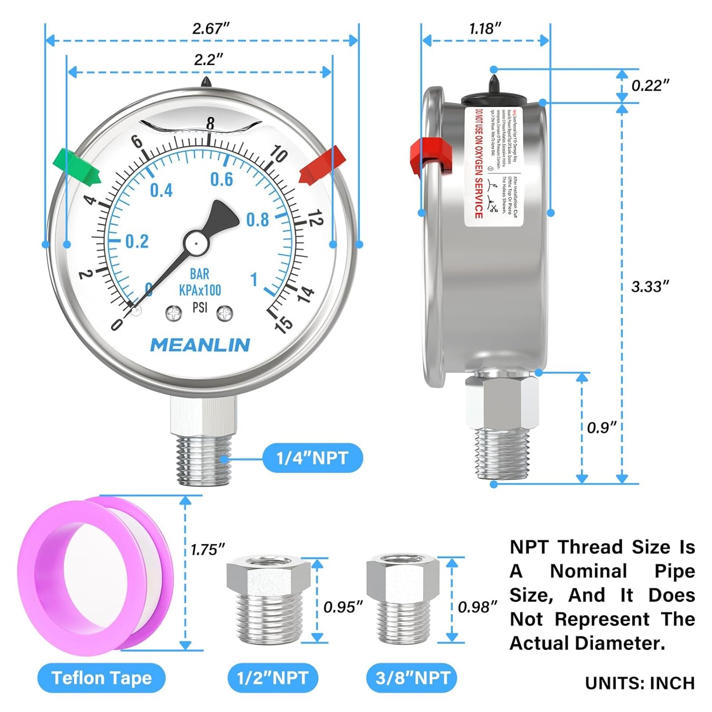 MEANLIN MEASURE 0~15Psi Stainless Steel Liquid Filled Pressure Gauge 2.5" FACE DIAL 1/4" NPT for Water Oil Air Well Pump Tank Tire Pressure Test Lower Mount with Stainless Steel Hex Bushing and Snaps