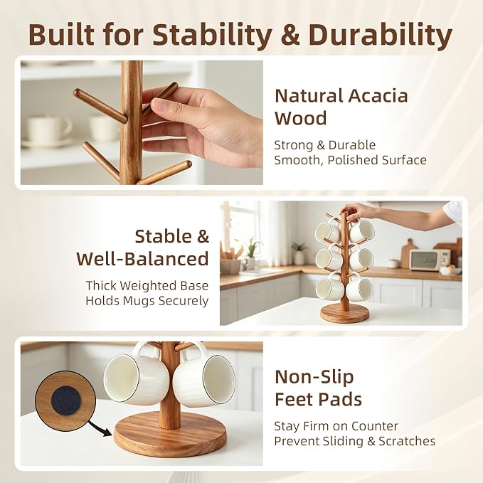 Large Acacia Wood Mug Holder Tree - Image 6