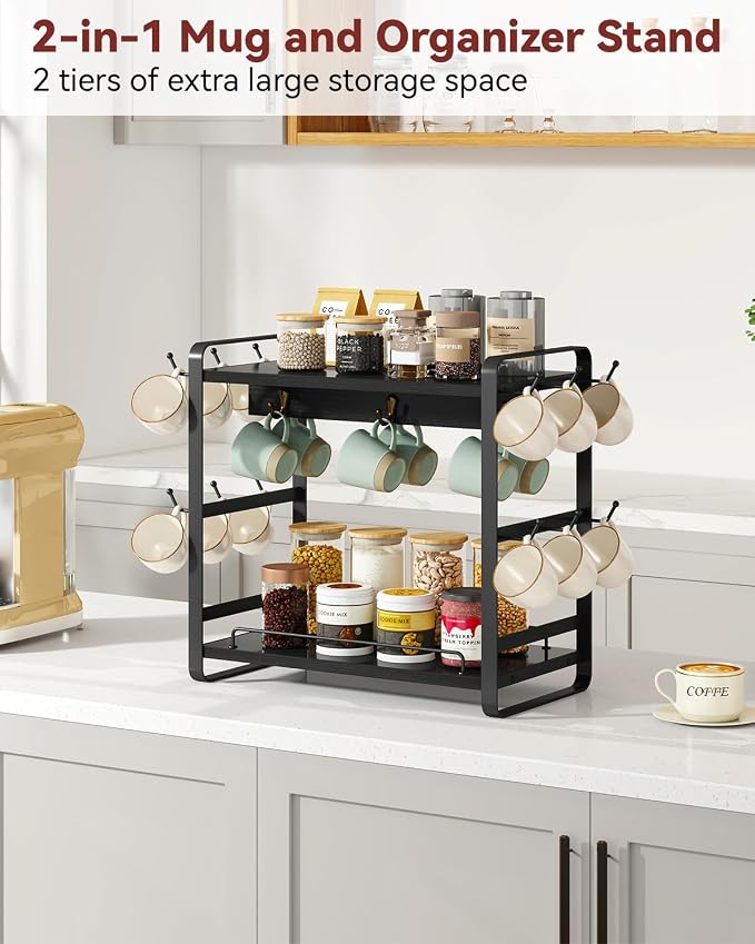 IBUYKE Coffee Bar Station Countertop Organizer, 2 Tier Kitchen Mug Cup Holder - Image 2