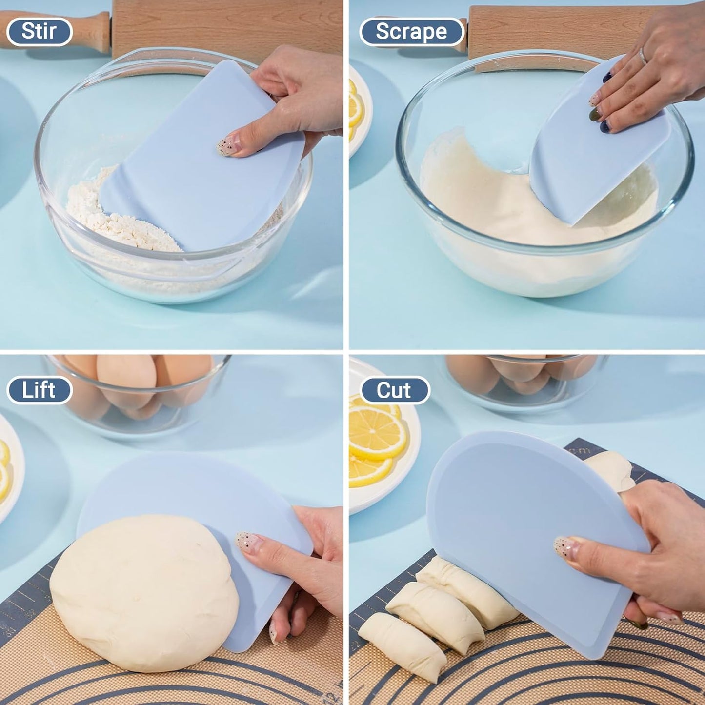 Silicone Dough Scraper with Stainless Steel Sheet, Curved Edge Flexible Bowl Scraper for Baking, Food Grade Silicone Bench Scraper for Sourdough Bread Proofing Basket, 5.98" × 4.3", Blue, SAPID