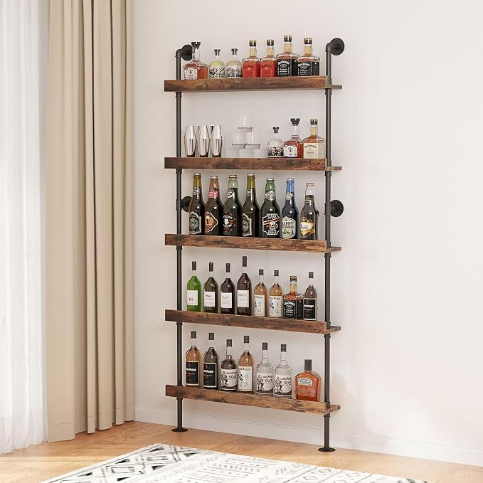 5-Tier Wall Mounted Wine Rack, Floating Bar Shelves, Liquor Bottle Shelf Display - Image 4