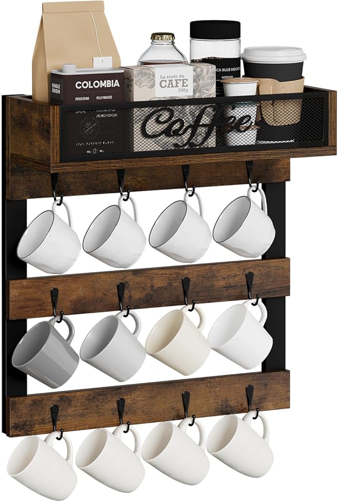 YINMIT Coffee Mug Holder with 12 Hooks, Coffee Cup Holder Wall Mounted with Top by YINMIT