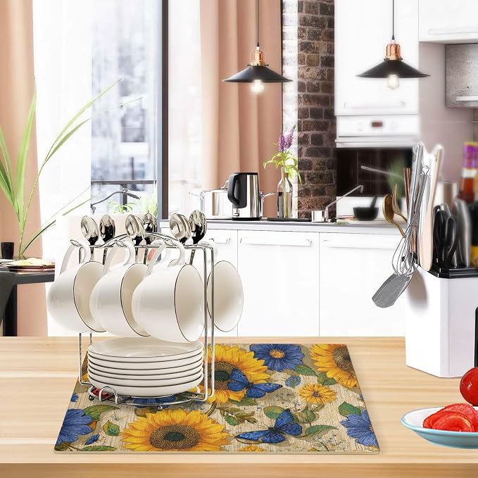 Beige Sunflower Butterfly Ladybug Coffee Mat Coffee Bar Maker Backed Absorbent - Image 6
