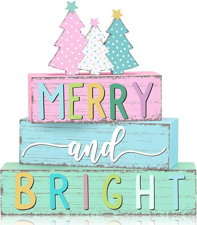 Geelin 4 Pcs Christmas Tree Table Sign Pastel Candy Color Wooden Decorations by Geelin