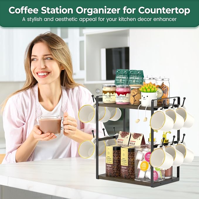 EsLuker.ly Coffee Station Bar Organizer Mug Holder Stand Countertop, 2 Tier Mug - Image 2