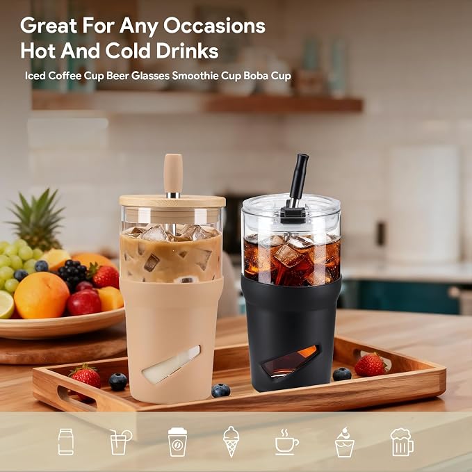 Glass Tumbler with Lids and Straws, 20 oz Iced Coffee Cup and Smoothie Cup with - Image 4