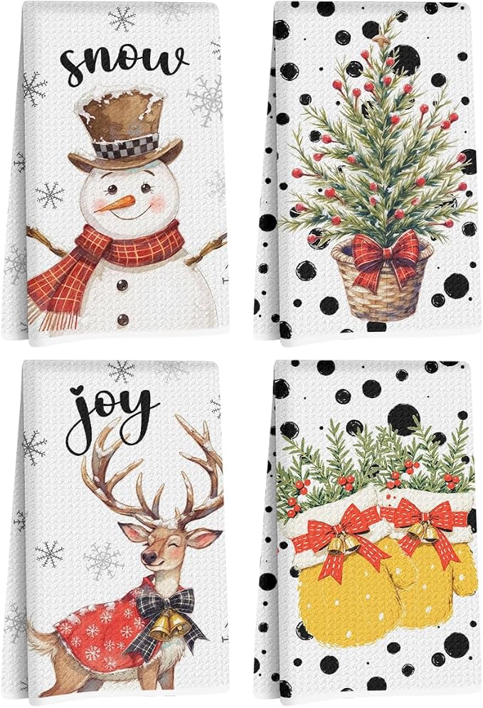4 Pcs Christmas Kitchen Towels, Merry Christmas Tree Reindeer Tea Hand Towel by Hanamiya+Na
