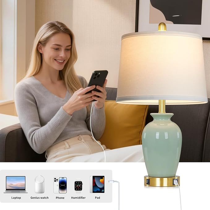Cinkeda 23" Set of 2 Olive Green Ceramic Table Lamp - Image 4