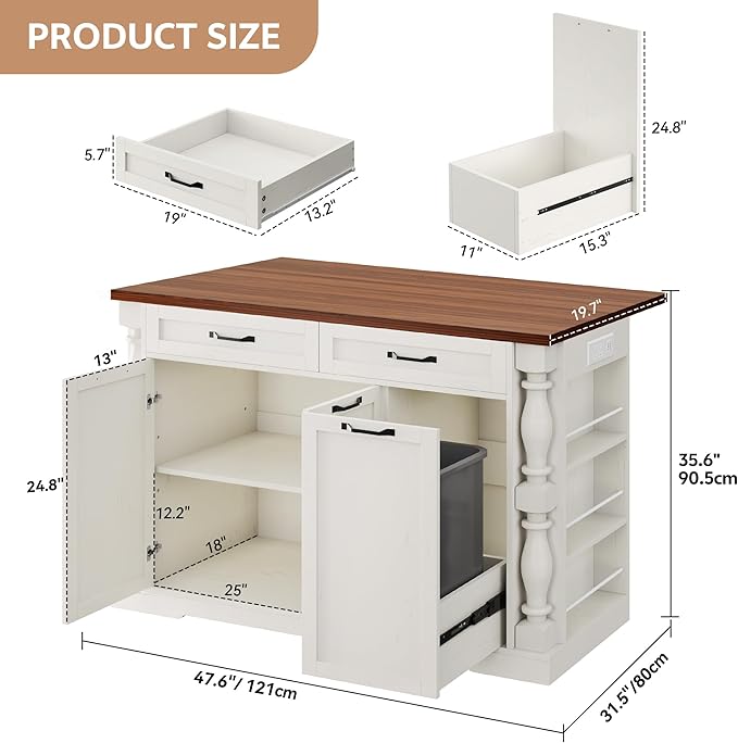 Kitchen Island with Power Outlet & Trash Cabinet, 47.6" Roman Style Rolling - Image 6