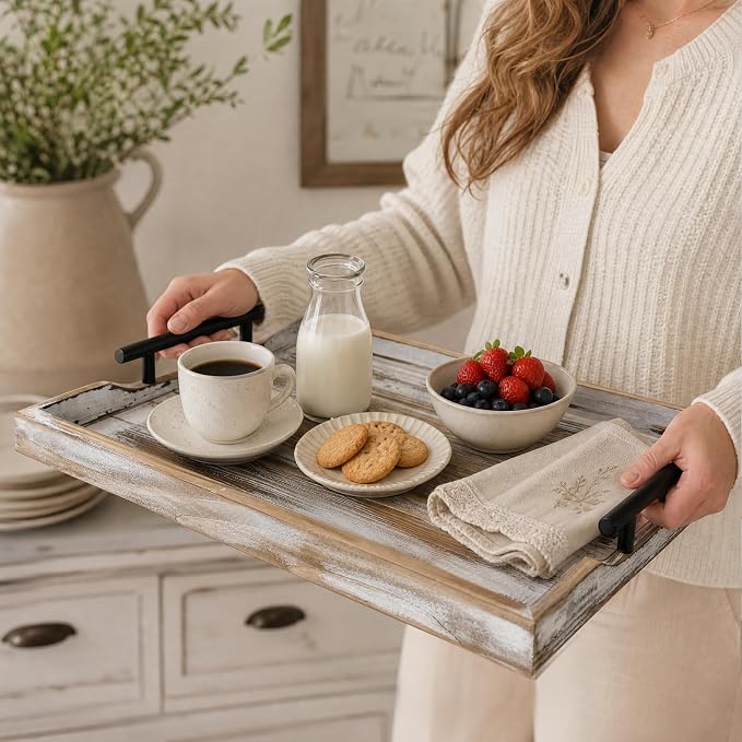 Wood Serving Tray with Metal Handles, 17x13in Large Wooden Tray - Image 9