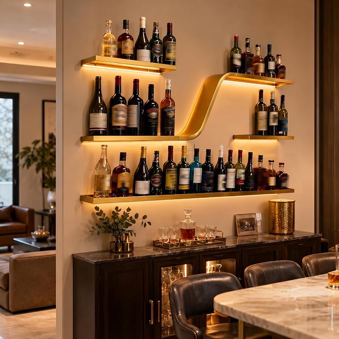 Wall Mounted Wine Rack with LED Lights, Modern Curved Design Floating Bar - Image 6