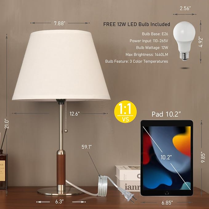 21" Modern Bedside Lamp Mid Century Table Lamp, Pull Chain Nightstand Lamp - Image 2