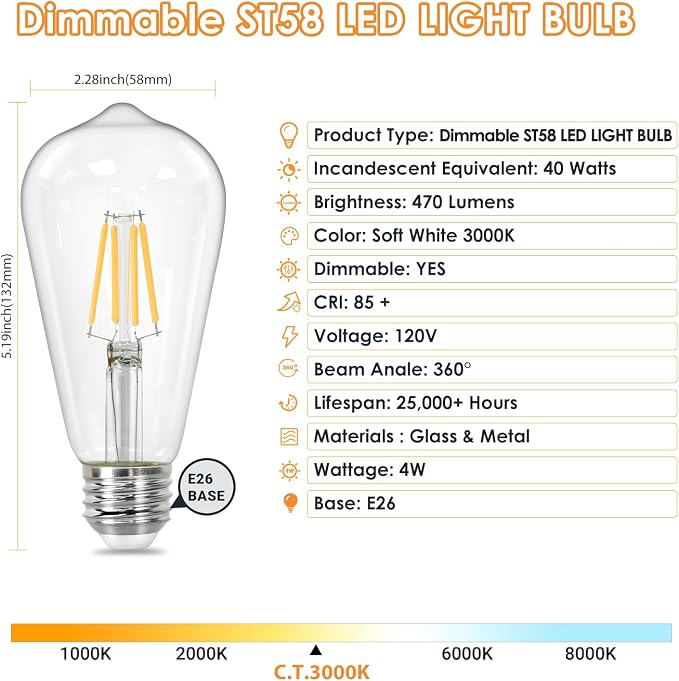 Qingmiao Vintage LED Edison Bulbs, ST58 Dimmable 4W E26 LED Bulb 40W Equivalent - Image 2
