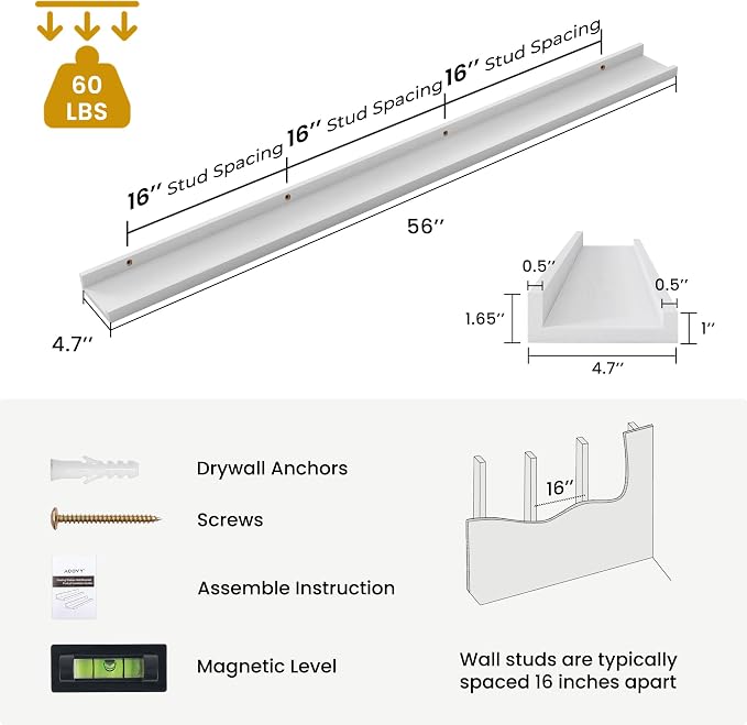 Acovy Solid Ash Wood Picture Ledge Shelf, Floating Shelves Set of 2, 56 Inch - Image 3