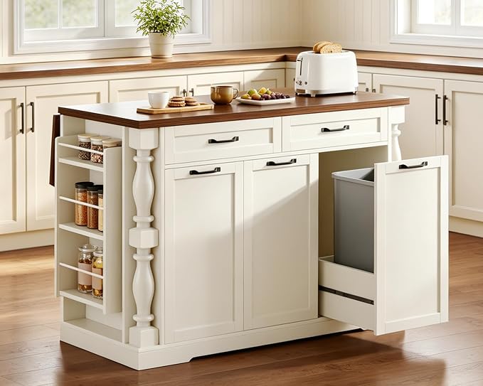 Kitchen Island with Power Outlet & Trash Cabinet, 47.6" Roman Style Rolling by Homiflex