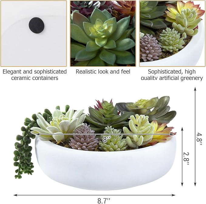 MyGift 8 Inch Round Modern Artificial Succulent Arrangement Potted in White - Image 5
