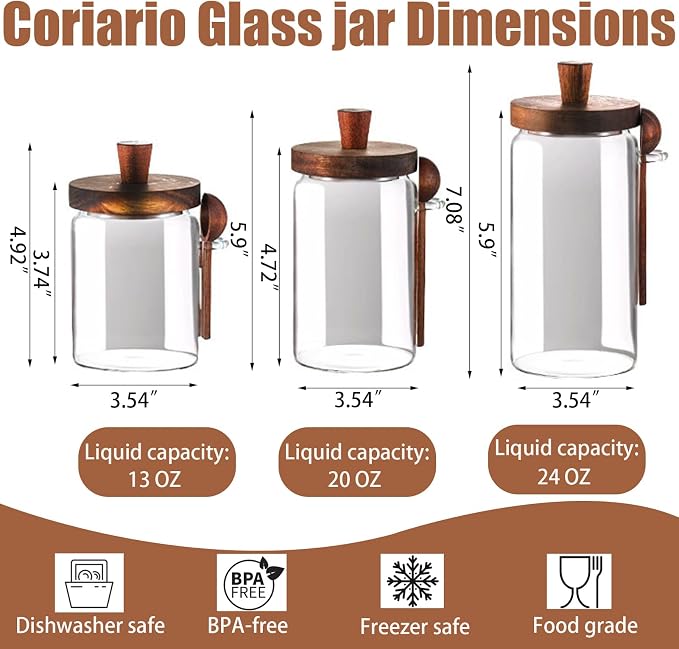Coriario 20 OZ Glass Jar with Airtight Lid Spoon Clear Glass Candy Jars Wooden - Image 2