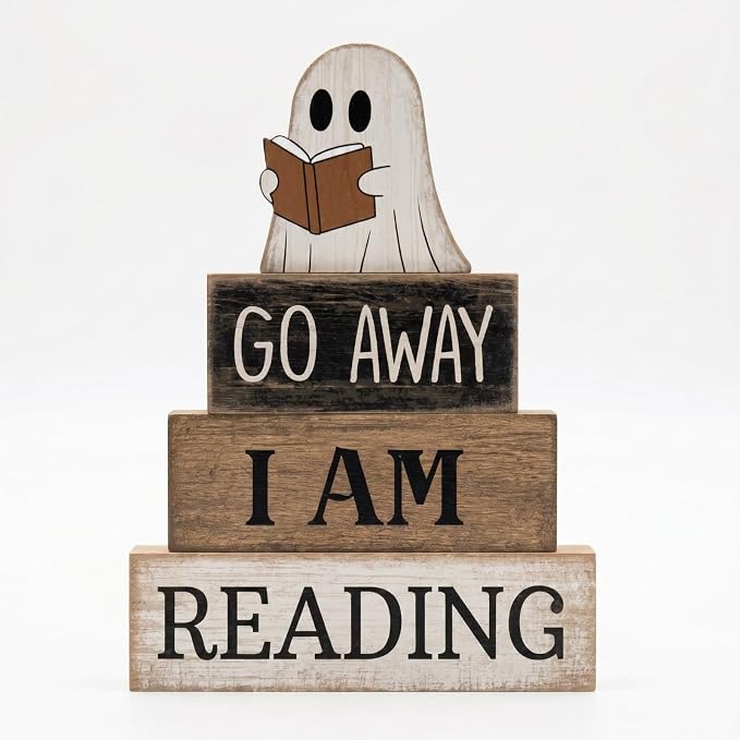 Moucuny 4 Pcs Halloween Table Decoration Wooden Ghost Reading Stacked Block by Moucuny