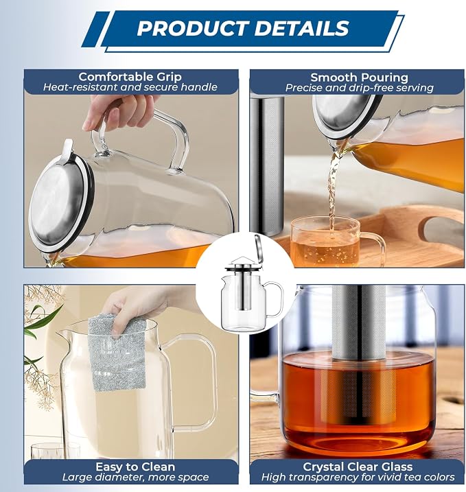 Aquach 85oz Glass Teapot with Infuser, Stovetop Safe Borosilicate Tea Pot | - Image 4