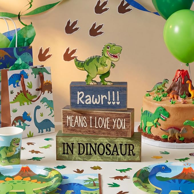 Lineshading 4 Pcs Dinosaur Table Decorations Wooden Dinosaur Decor Dino Safari - Image 4