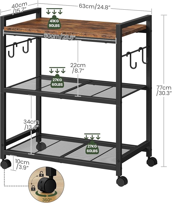 CHOEZON 3-Tier Rolling Bar Cart, Vintage Metal Kitchen Cart - Image 5