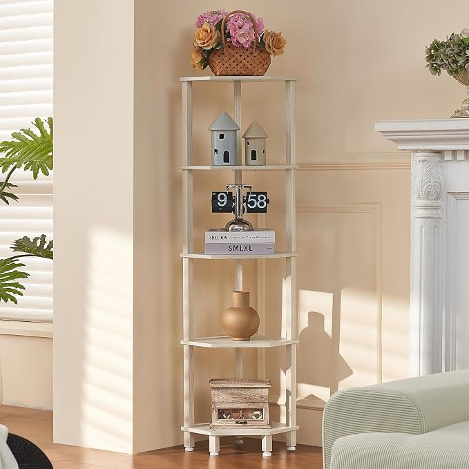 YUFAM 5-Tier Corner Shelf with Sturdy 5-Leg Base, Wooden Corner Bookshelf by YUFAM